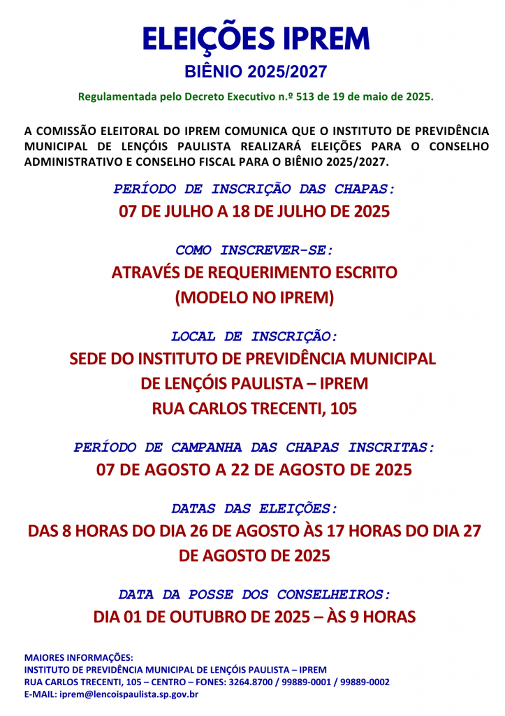 Notícia: ELEIÇÕES IPREM – BIÊNIO 2025/2027